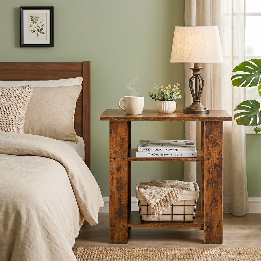 Narrow Side Table, 3 Tier Rustic End Table for Living Room, Small Wood Nightstand with Storage Shelves, Slim Bedside Table for Bedroom, Couch, Small Spaces, 22.8" High,Farmhouse Style