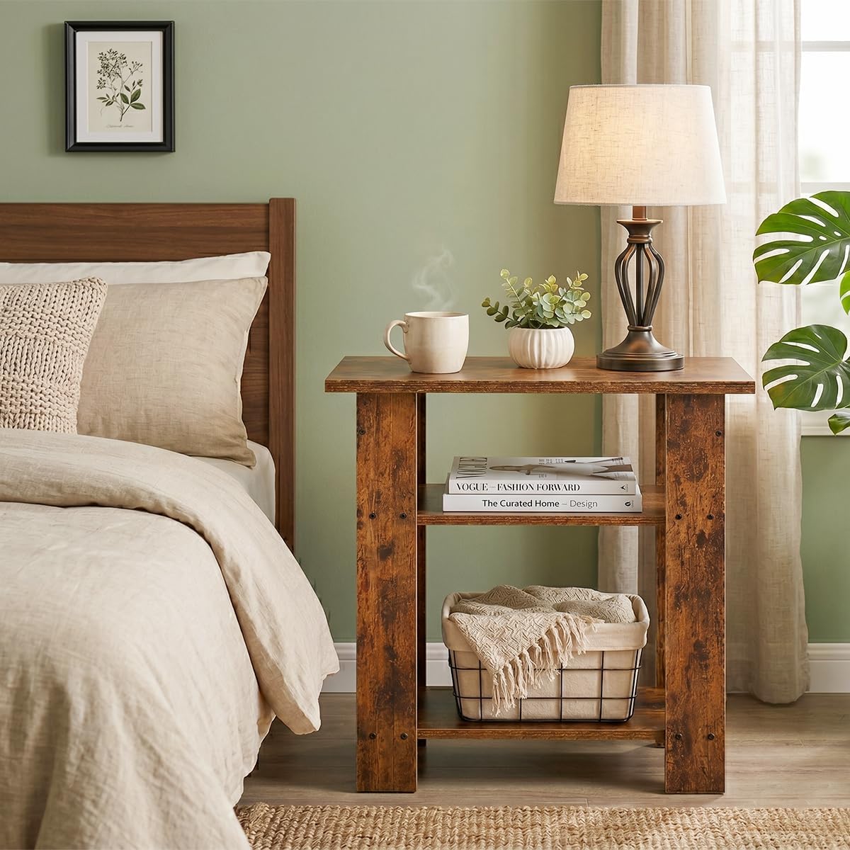 Narrow Side Table, 3 Tier Rustic End Table for Living Room, Small Wood Nightstand with Storage Shelves, Slim Bedside Table for Bedroom, Couch, Small Spaces, 22.8" High,Farmhouse Style
