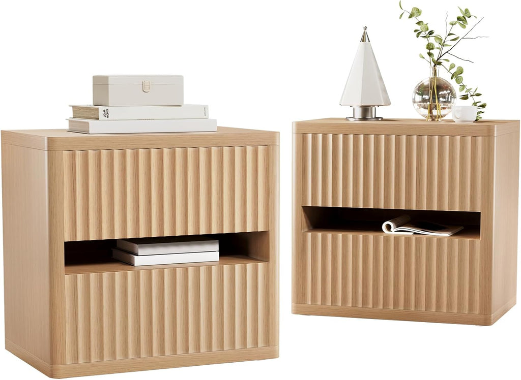 Dripex Fluted Nightstand Set of 2, 22'' Wide Night Stand with 2 Large Drawers, Mid Century Modern Wood Bedside Table with Open Shelf, Large Bed Side End Table for Bedroom, Natural Oak | 22'' Wide Fluted Nightstand, Mid Century Modern Wood Bedside Table