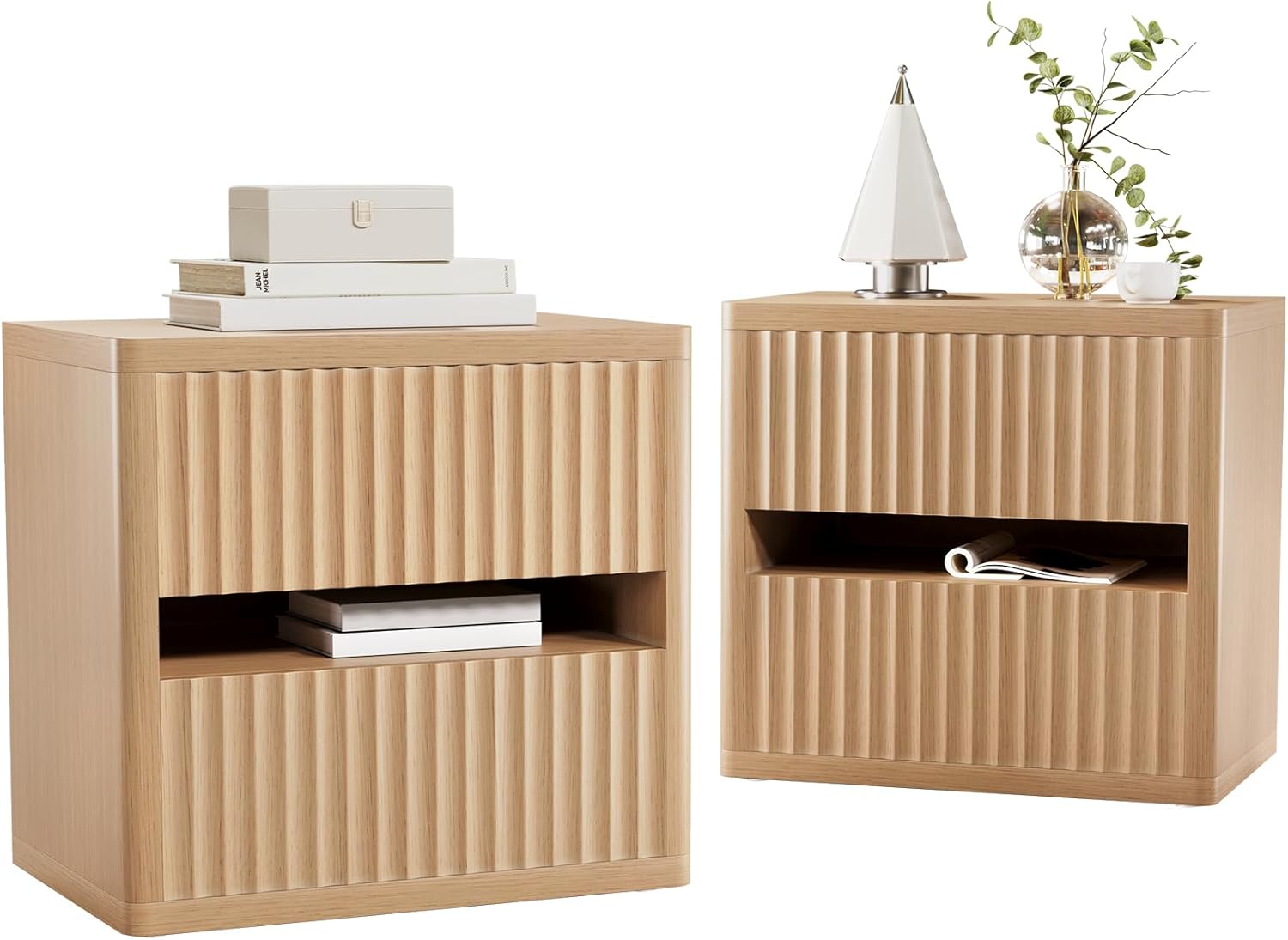 Dripex Fluted Nightstand Set of 2, 22'' Wide Night Stand with 2 Large Drawers, Mid Century Modern Wood Bedside Table with Open Shelf, Large Bed Side End Table for Bedroom, Natural Oak | 22'' Wide Fluted Nightstand, Mid Century Modern Wood Bedside Table