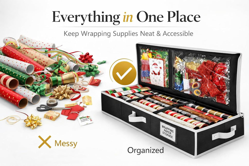 Wrapping Paper Storage Organizer – Under-Bed Gift Wrap & Ribbon Organizer Container (Fits up to 24 Rolls, 40″ × 14″ × 6″) Durable Fabric with Accessory Pockets & Adjustable Dividers