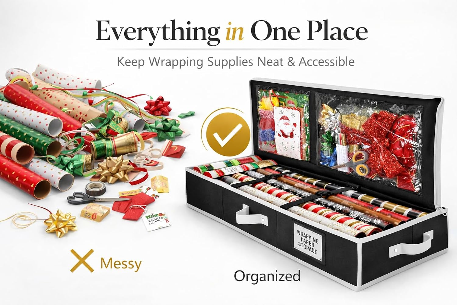 Wrapping Paper Storage Organizer – Under-Bed Gift Wrap & Ribbon Organizer Container (Fits up to 24 Rolls, 40″ × 14″ × 6″) Durable Fabric with Accessory Pockets & Adjustable Dividers