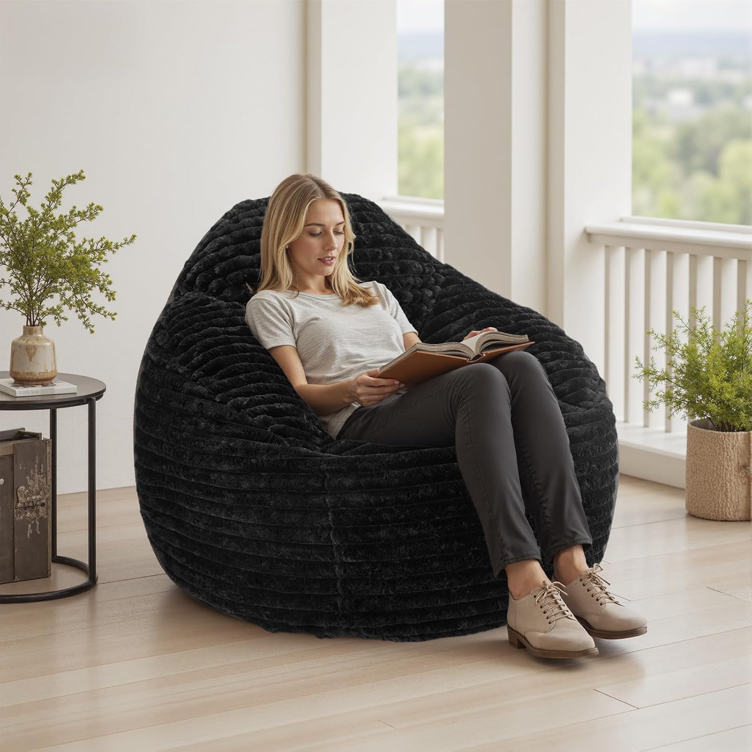 Sweetcrispy Bean Bag Chair, 39 Inch Bean Bags for Adults and Kids, Chair with Memory Foam Filled, Couch with Backrest and Armrests, Comfy Sofa for Living Room, Bedroom and Dorm, Black