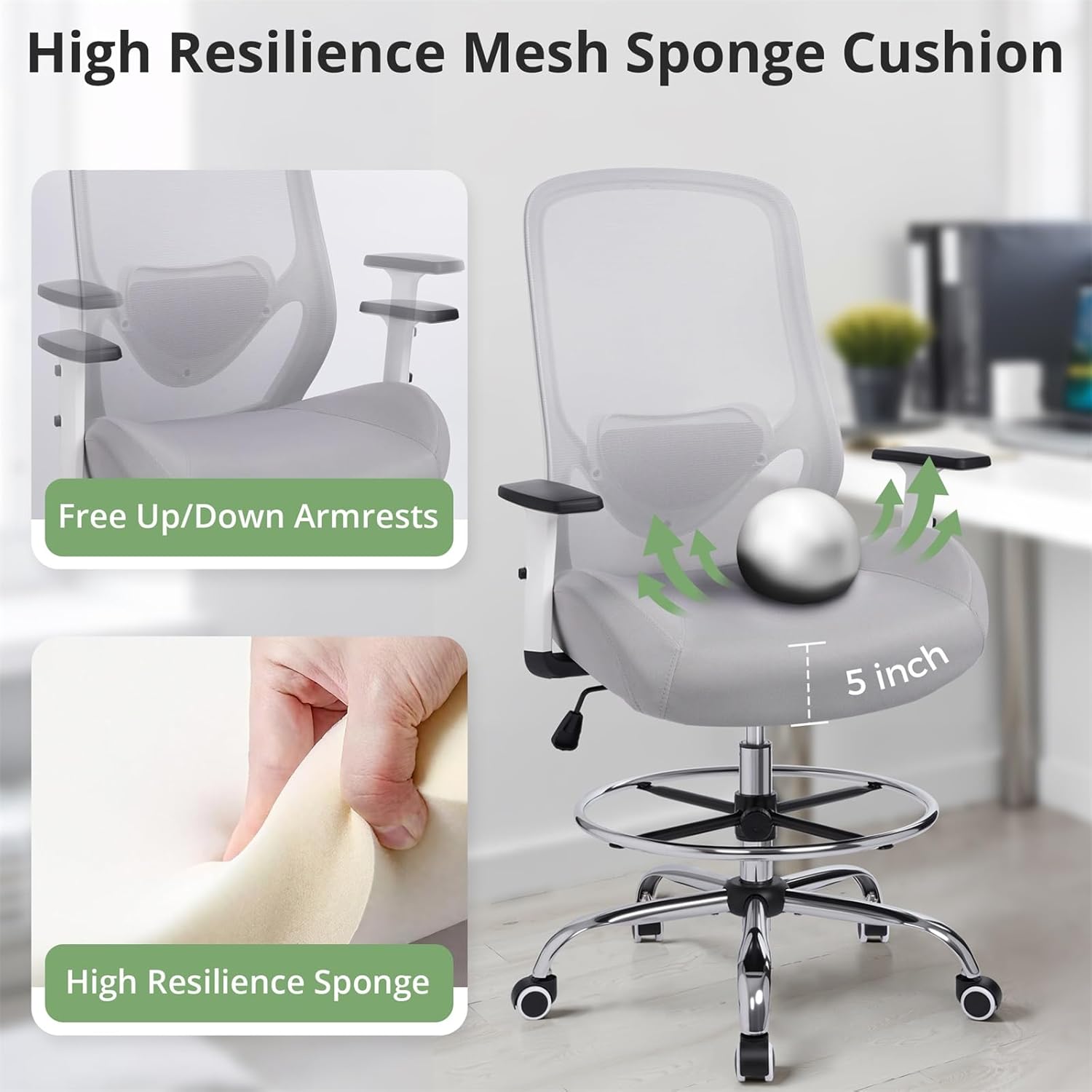 Office Drafting Chair, Tall Height Adjustable Ergonomic Office Chair with Footrest, High Back Desk Chair with Flip-up Armrests and Lumbar Support