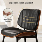 Dining Chairs Set of 2, Mid Century Modern Dining Room Chair, Upholstered Faux Leather Kitchen Chairs with Walnut Bentwood Back and Metal Legs for Kitchen Dining Room Living Room, Black