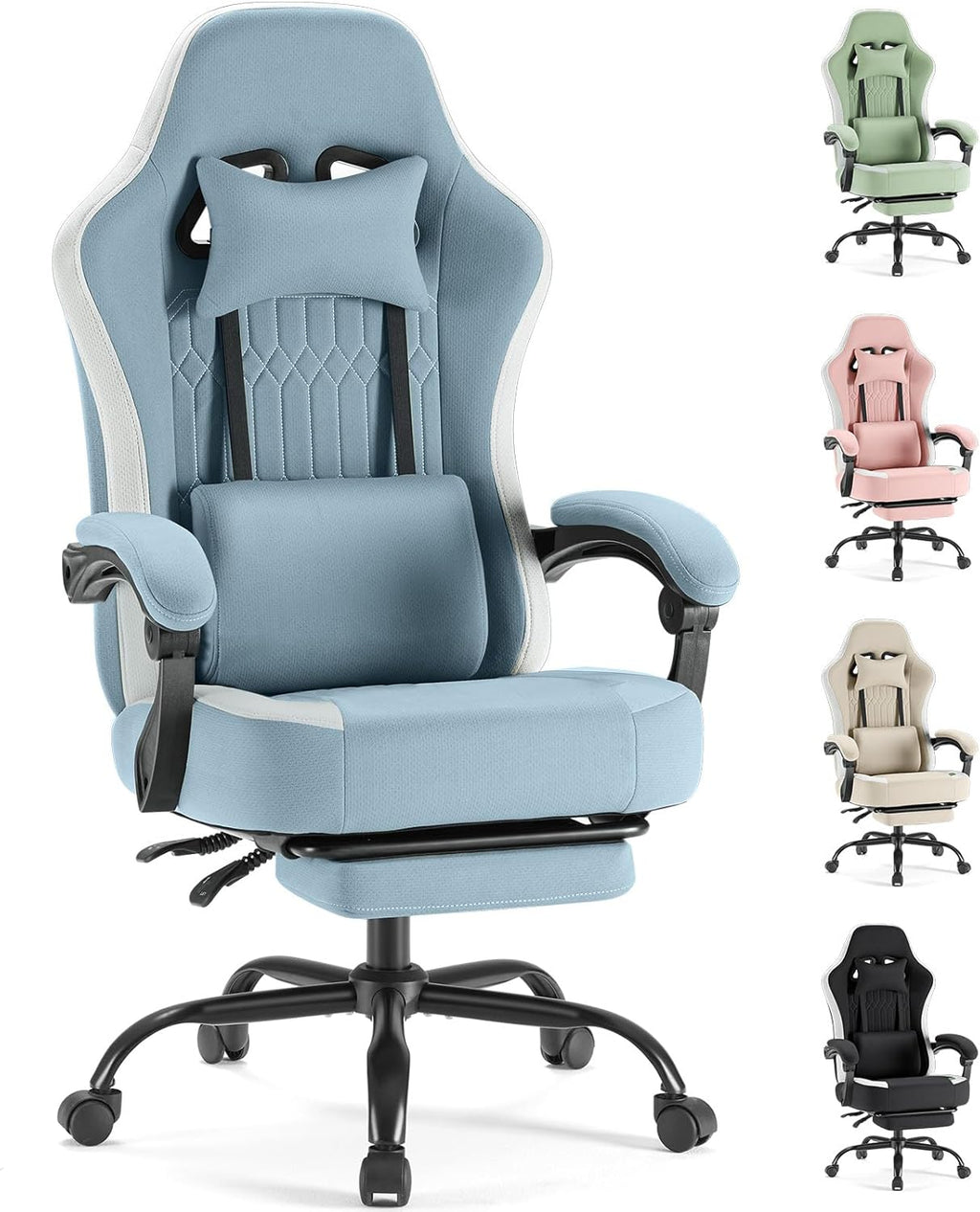 Sweetcrispy Video Game Chair: High Back Ergonomic Computer Desk Chair with Footrest & Lumbar Support, Height Adjustable with Linkage Armrests and Headrest, 360° Swivel Wheels, Blue