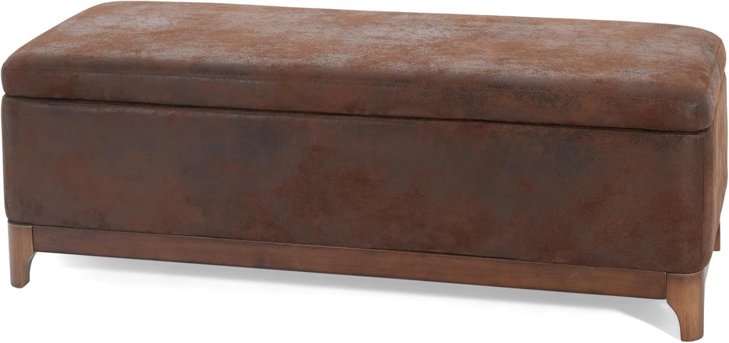 Christopher Knight Home Nesley Upholstered Ottoman with Storage for Living Room, Microfiber Modern Storage Ottoman Foot Rest, Wooden Bedroom Rectangular End of Bed Bench, Brown