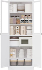 72" White Storage Cabinet Metal Kitchen Pantry Cabinet with Glass Doors & Adjustable Shelves,Freestanding Storage Organizer Utility Cupboard for Pantry, Kitchen, Bathroom