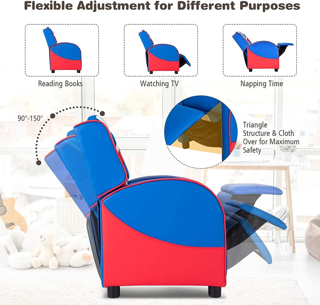 GLACER Kids Recliner, Youth Gaming Recliner w/Headrest, Footrest, Lumbar Support, Side Pockets, Adjustable Recliner Sofa for Kids, Toddler Lounge Chair for Living Room, Gaming Room Boys Girls (Blue)