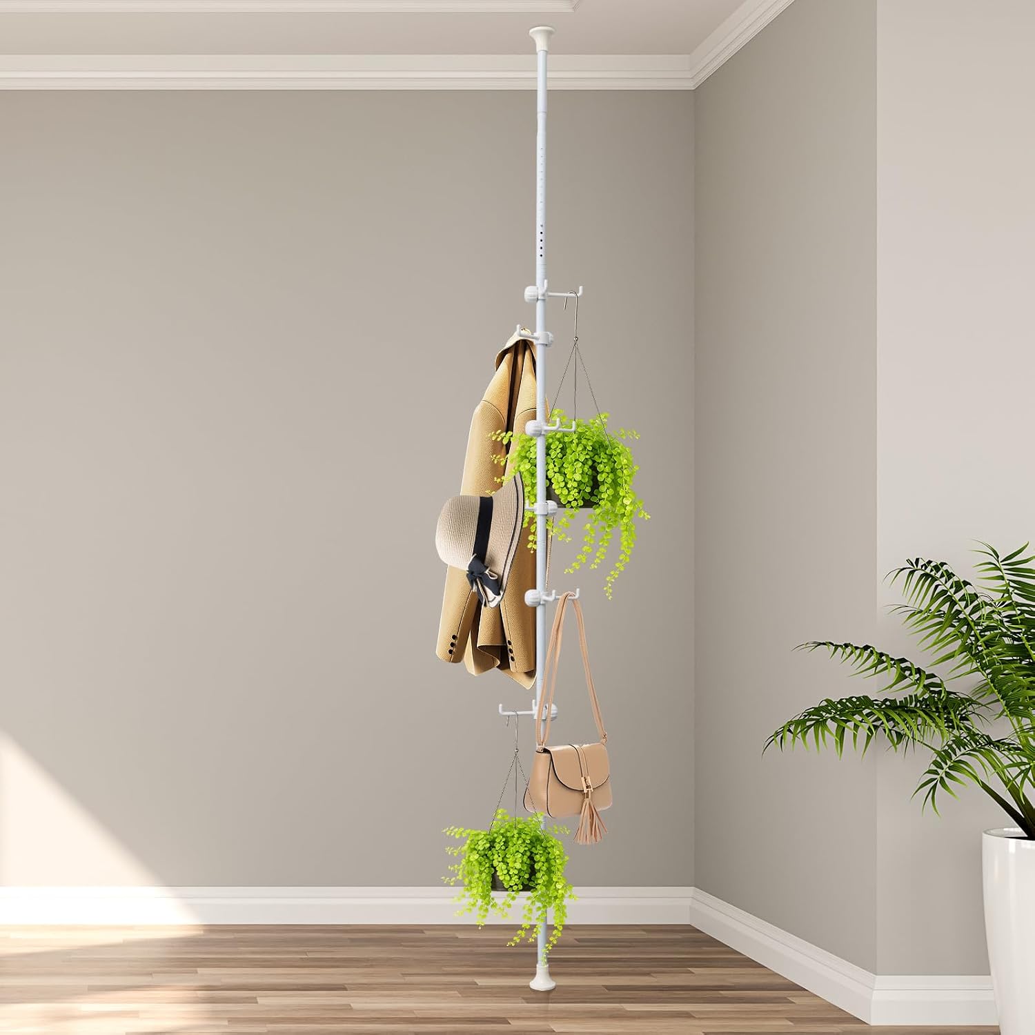 Corner Coat Rack - 12 Hook Tension Rod Plant Stand Stainless Steel Organizer for Coats, Towels, Plants & More, No Drilling, Height Adjustable, White