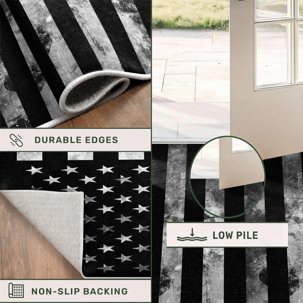 USA American Flag Runner Rug 2x6ft, Vintage USA Stars Stripes Flag School Hallways Runner Rug, Black Kitchen Floor Mat, Non-Slip Washable Low Pile Carpet for Entryway Living Room Bedroom Playroom