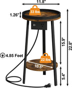 Industrial Round End Table with Charging Station,2-Tier Side Table with AC Outlet & USB Port, Sofa Side Table with Storage Shelf for Small Spaces, Living Room, Bedroom, Rustic Brown & Black