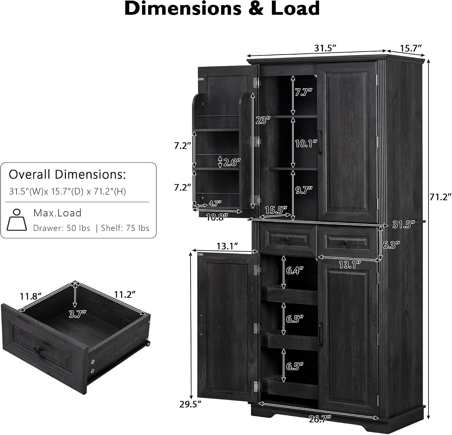 71" Tall Kitchen Pantry Cabinet with 3 Pull Out Organizers, Farmhouse Storage Cabinet with 6 Door Shelves,2 Drawers,Freestanding Cupboard for Kitchen Dining Room (Black-@01)