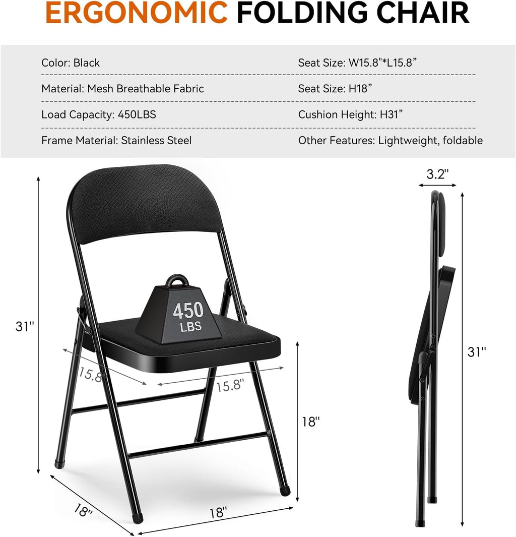 Folding Chairs Set of 2 with Padded Cushion 380 LBS Heavy Duty Foldable Chair Reinforced Steel Frame Soft Mesh Back Folding Chairs 2 Pack for Indoor Outdoor Party Wedding Dining Event Black
