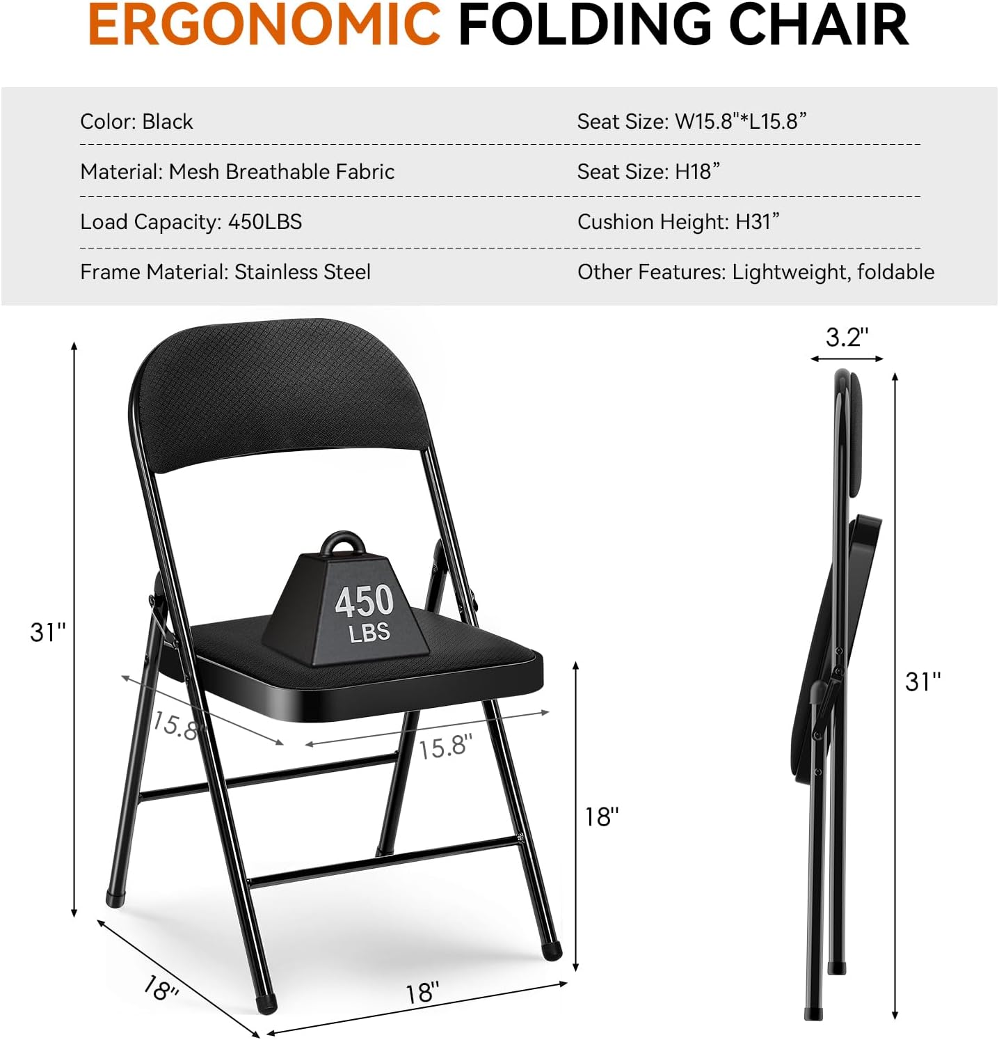 Folding Chairs Set of 2 with Padded Cushion 380 LBS Heavy Duty Foldable Chair Reinforced Steel Frame Soft Mesh Back Folding Chairs 2 Pack for Indoor Outdoor Party Wedding Dining Event Black