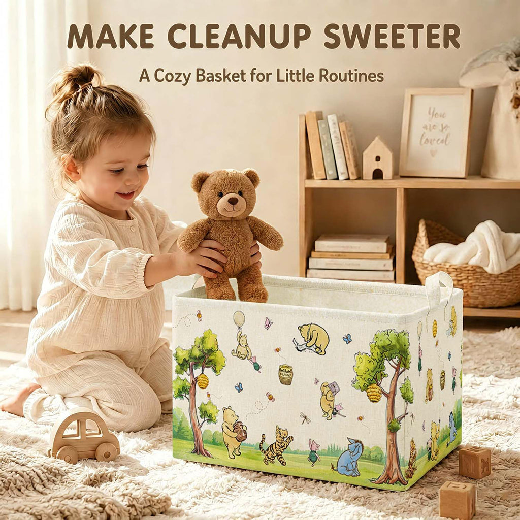 Rectangle Classic Winnie Bear Baby Basket for Nursery, Neutral Vintage Winnie Baby Stuff Gift Bags Waterproof Storage Basket Canvas Clothes Diaper Bag