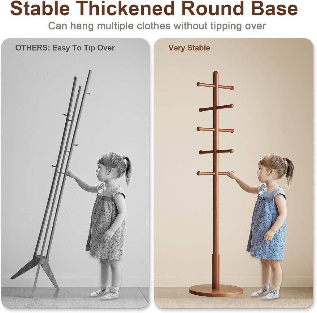 Solid Wood Coat Rack Freestanding with 10 Hooks, Coat tree freestanding 3 Adjustable Heights for coat, Hats, Handbags, Coat Stand for Entryway,Bedroom,office, Walnut