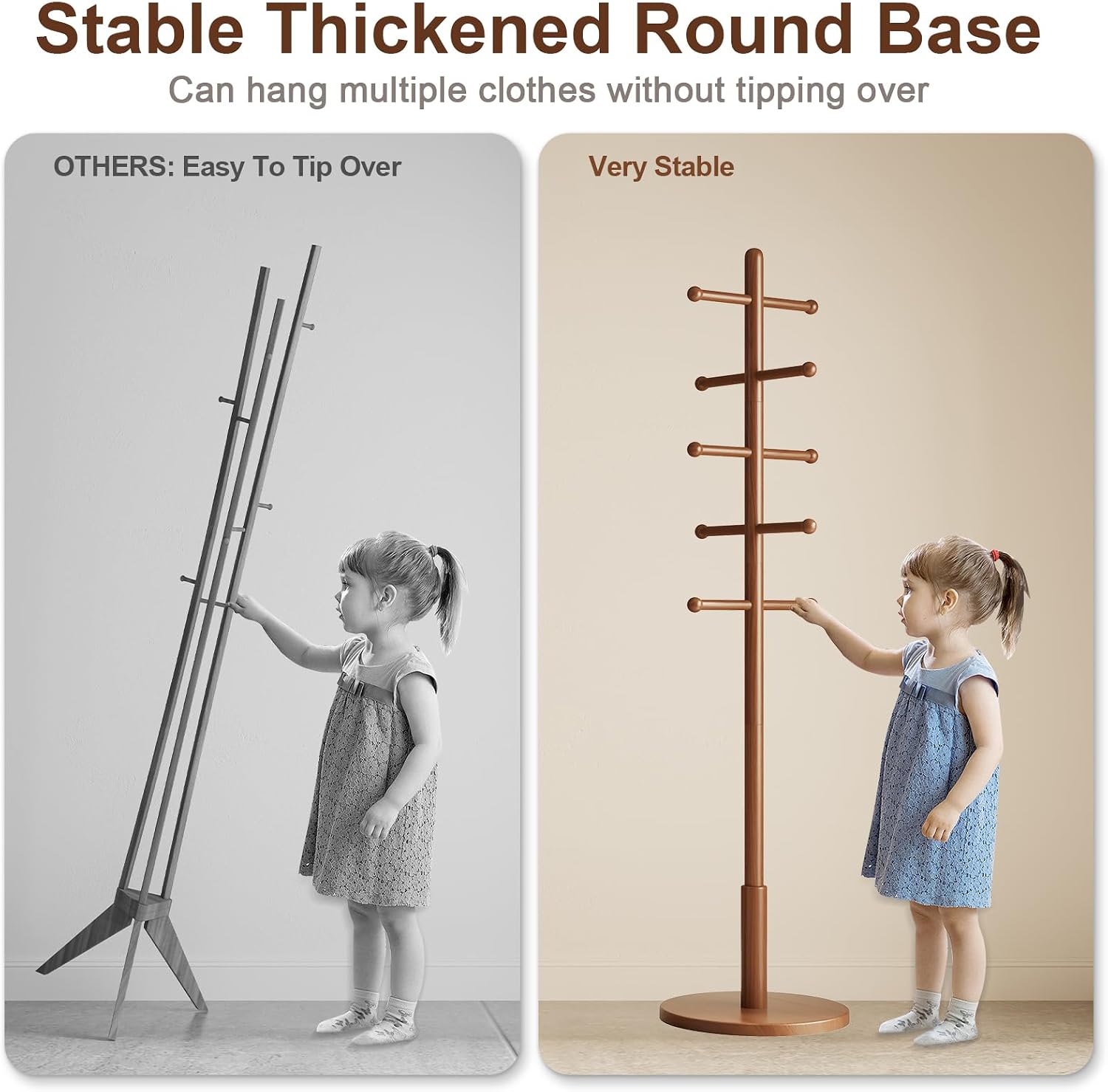 Solid Wood Coat Rack Freestanding with 10 Hooks, Coat tree freestanding 3 Adjustable Heights for coat, Hats, Handbags, Coat Stand for Entryway,Bedroom,office, Walnut
