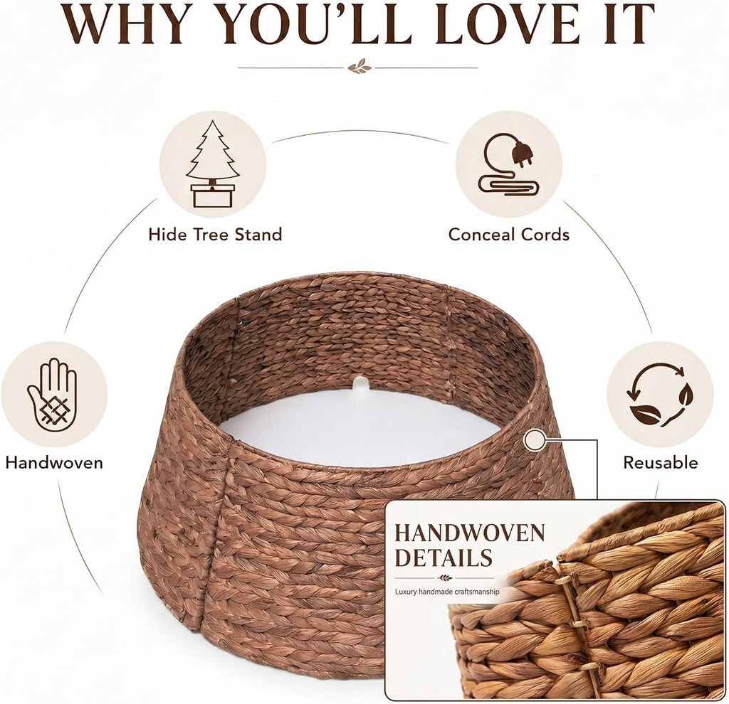 LAQUEDECRAFT 24 Inch Tree Collar Brown, Handwoven Water Hyacinth Christmas Tree Collar for Artificial Trees, Rustic Boho Basket Weave Wicker Tree Collar, Farmhouse Holiday Decor
