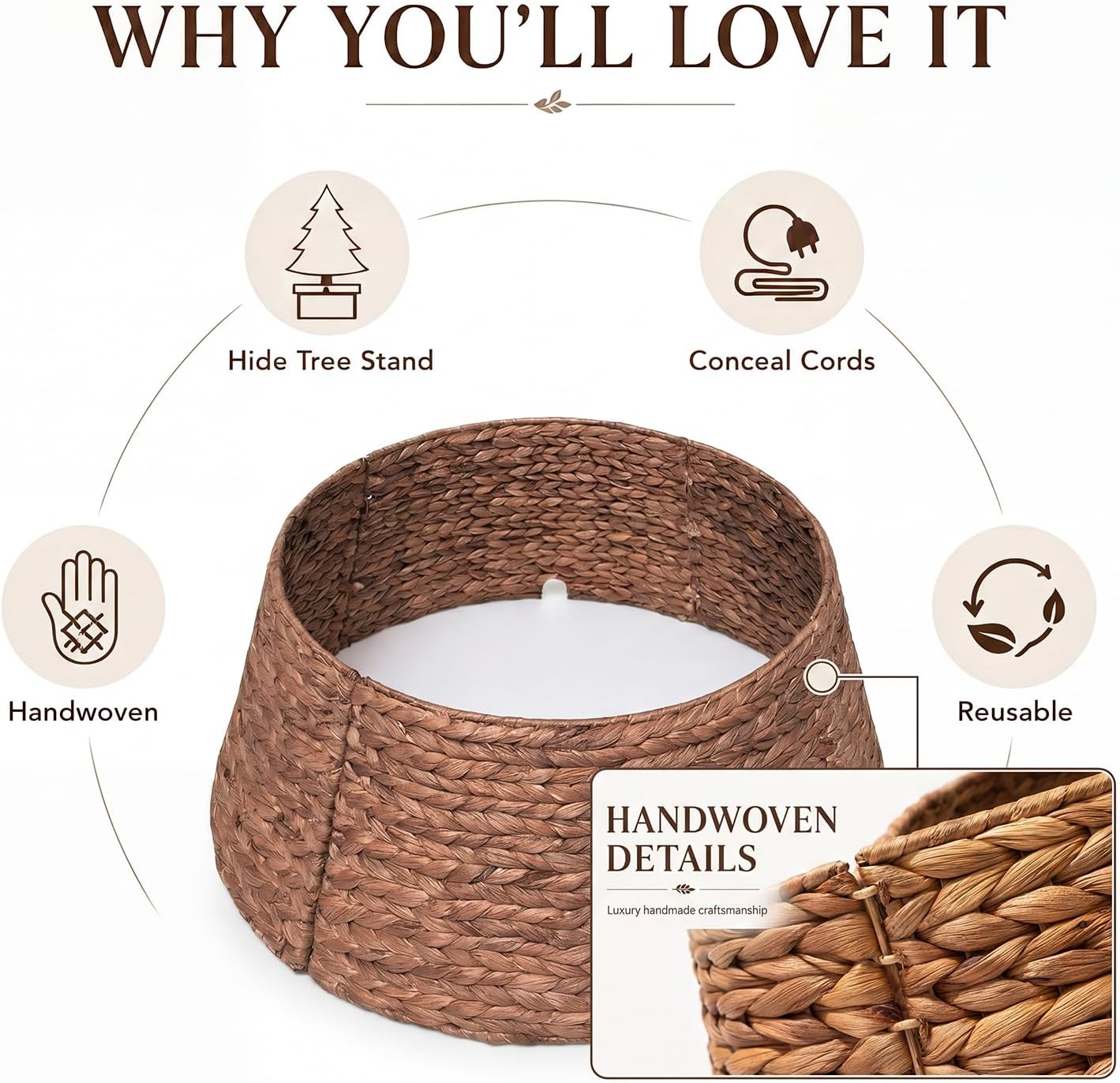 LAQUEDECRAFT 24 Inch Tree Collar Brown, Handwoven Water Hyacinth Christmas Tree Collar for Artificial Trees, Rustic Boho Basket Weave Wicker Tree Collar, Farmhouse Holiday Decor