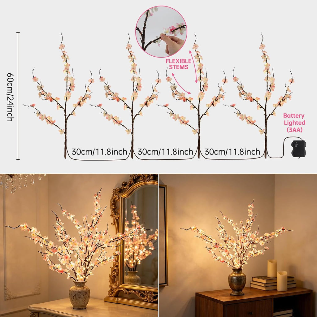 GOESWELL Cherry Blossom Lights for Vases: Fairy Style 4PCS 24in Artificial Cherry Blossom Flowers with 108 LED Lights Operated Lighted Twig Branches for Vases Wedding Party Home Indoor Decor