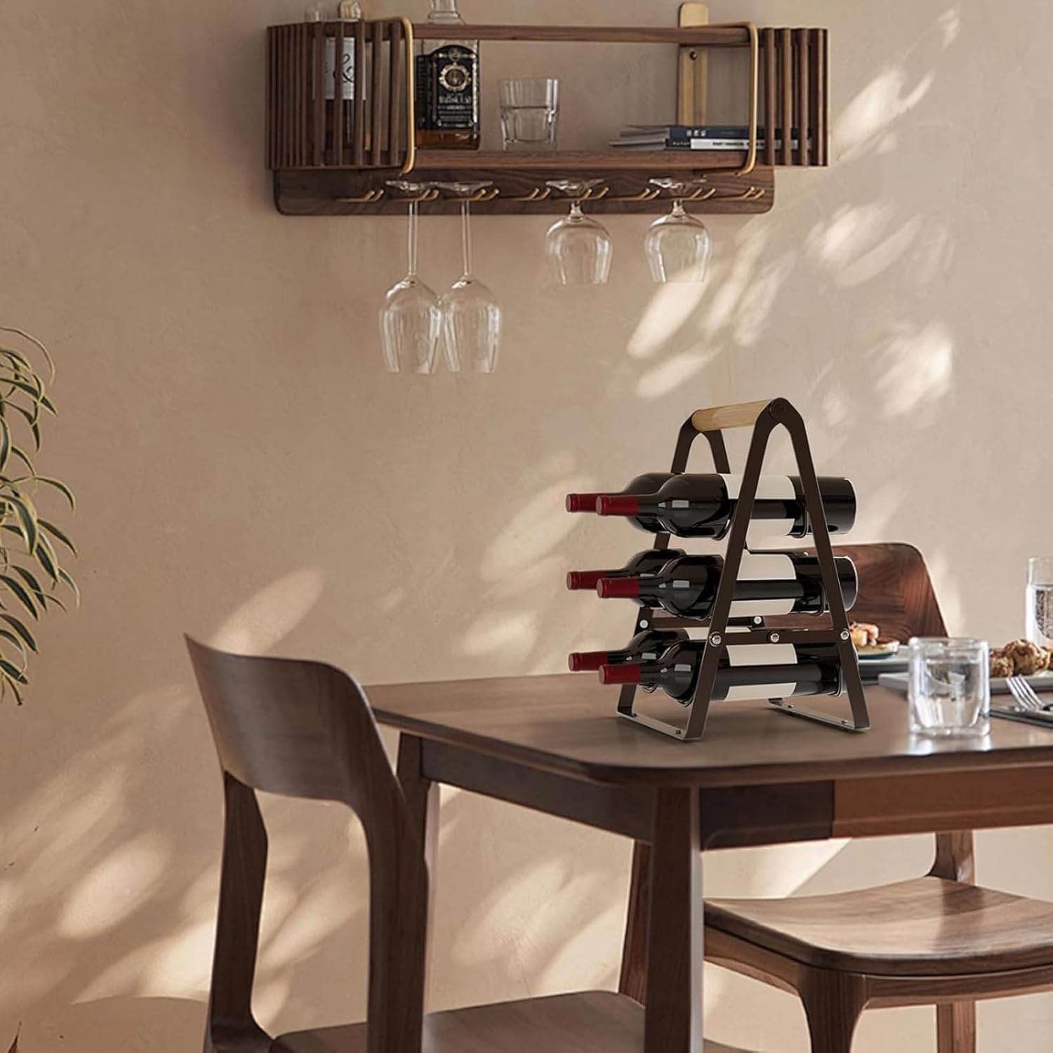 Wine Rack, 6-Bottle Foldable Wine Racks Countertop with Wooden Handle, 3-Tier No Assembly Wine Bottle Holder for Home Bar, Kitchen, Wine Cellar Storage (Black)