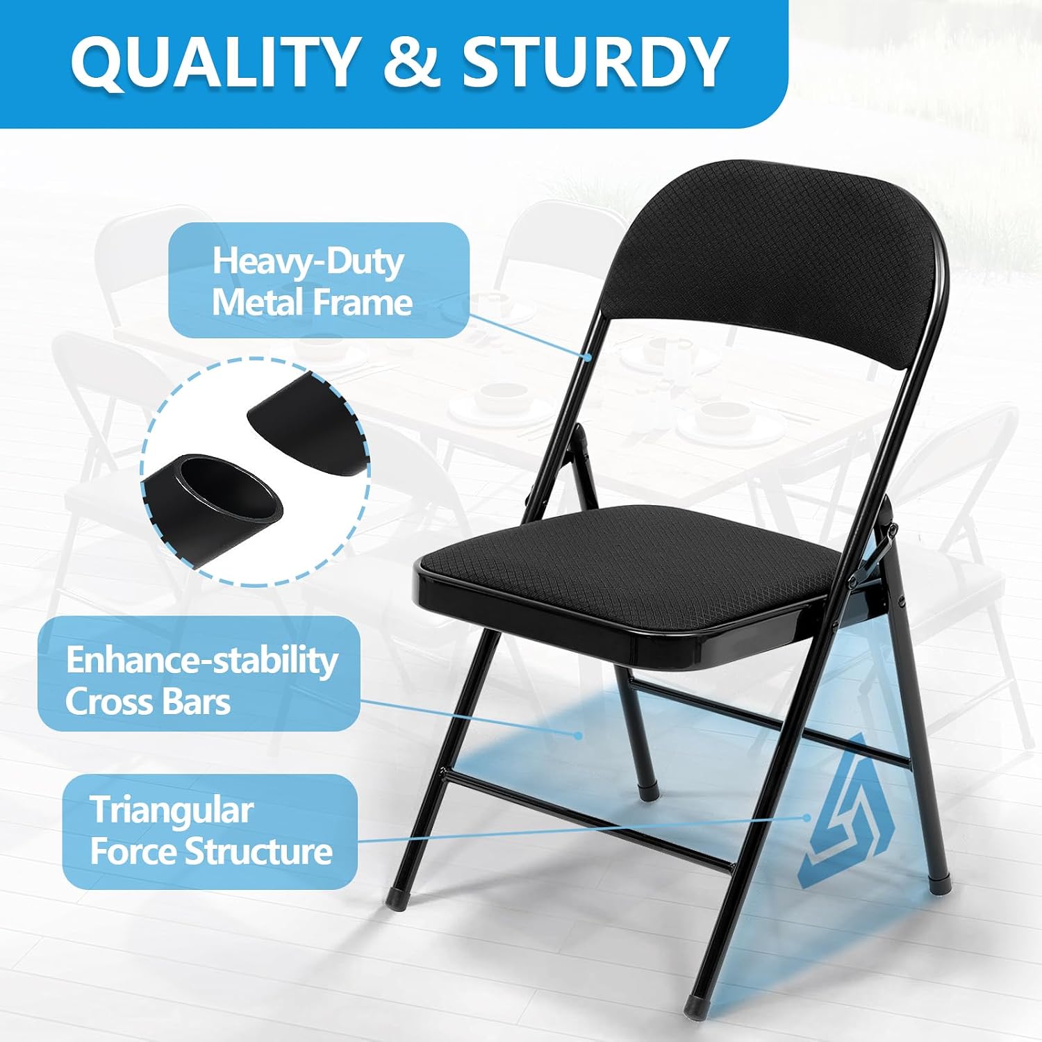 6 Pack Folding Chairs Metal Chairs Set with Padded Seats and Back, Padded Folding Chair for Home Office Wedding Party, Indoor and Outdoor Events, Set of 6 (Black-Fabric, 6 Pack)