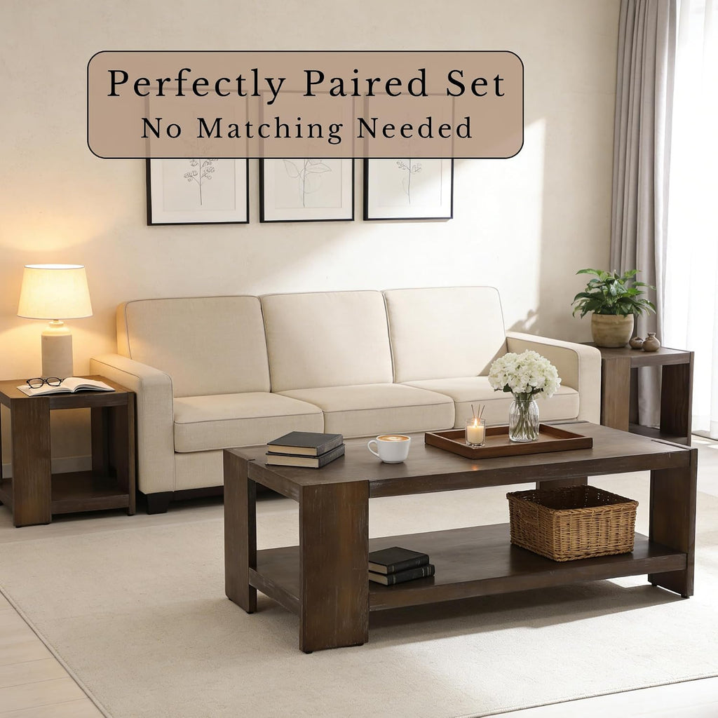 3-Piece Living Room Table Sets, 2-Tier Side Tables & 47" Rectangular Coffee Table, Farmhouse Wood Table Sets with Open Storage Shelves, Rustic Accent End Tables & Center Table, Brown