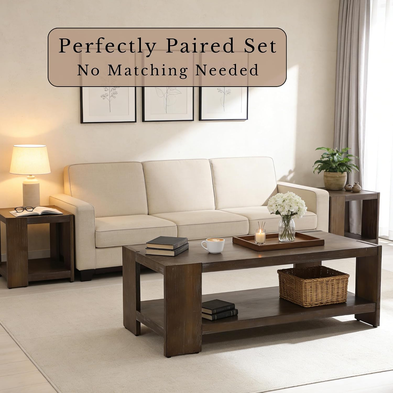 3-Piece Living Room Table Sets, 2-Tier Side Tables & 47" Rectangular Coffee Table, Farmhouse Wood Table Sets with Open Storage Shelves, Rustic Accent End Tables & Center Table, Brown