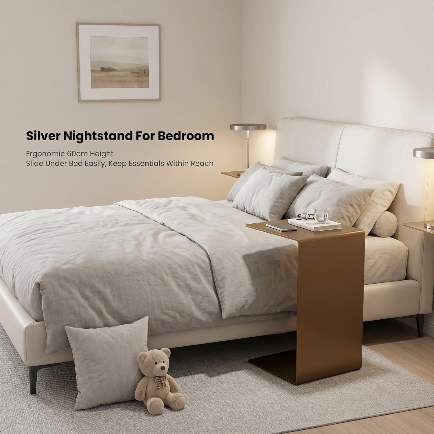 Modern Side Table Silver Coffee Table, Metal C-Shaped End Table with Smooth Surface, Multi-Color Available for Living Room, Bedroom, Balcony and Entryway (Silvery,13.8×13.8×25.6in/35×35×65cm)