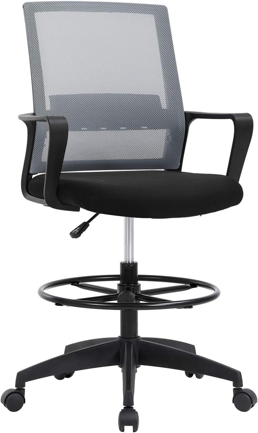 Drafting Chair Tall Office Chair Adjustable Swivel Rolling Mesh Height with Lumbar Support Arms Footrest Mid Back for Adults Standing Desk Drafting Stool (Grey)