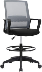 Drafting Chair Tall Office Chair Adjustable Swivel Rolling Mesh Height with Lumbar Support Arms Footrest Mid Back for Adults Standing Desk Drafting Stool (Grey)