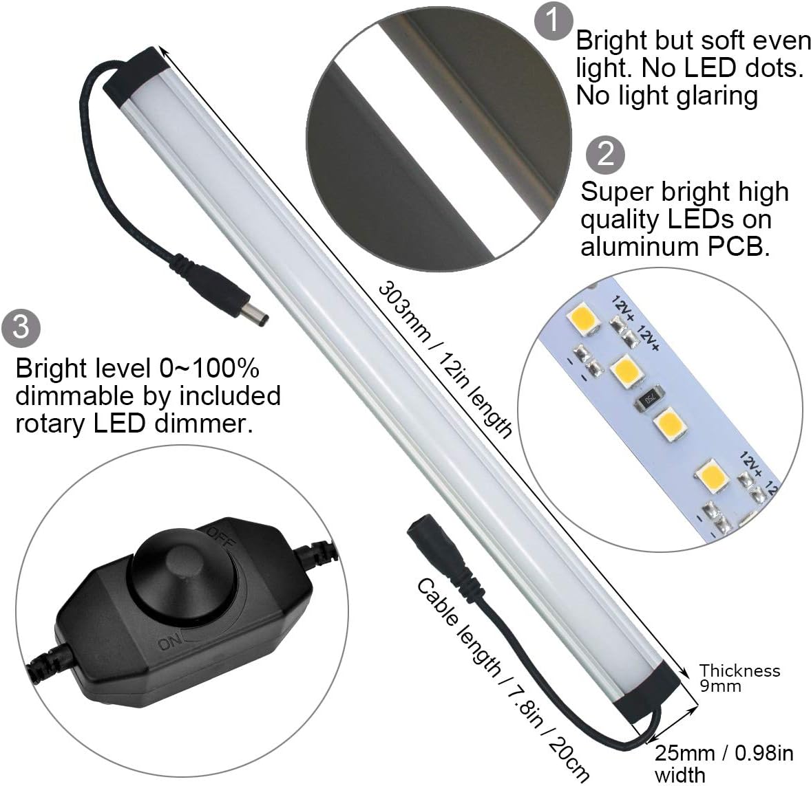Litever Kitchen Under Cabinet LED Lighting Kits,3 PCS 1 Feet Super Bright LED Light Bars per Set, Daylight White 20W 1000 Lumen Dimmable Plug in for Kitchen Cabinets Counters Cases 5000K (3 Bars Kit)