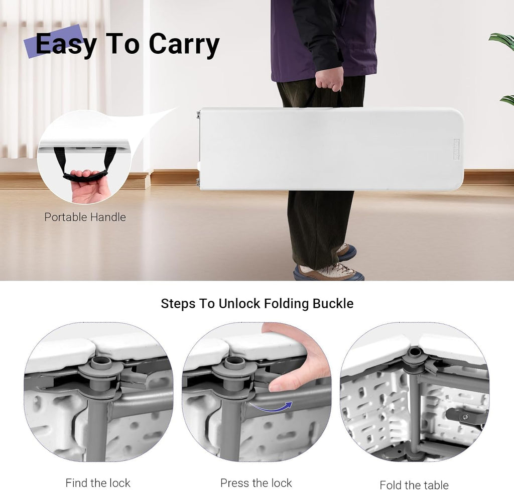 Byliable Folding Bench 6 Foot, Plastic Foldable Bench Seat with Handle, Portable Picnic Party Camping Dining Seat, Garden Multipurpose Entertaining Activities, White, 2 Pack