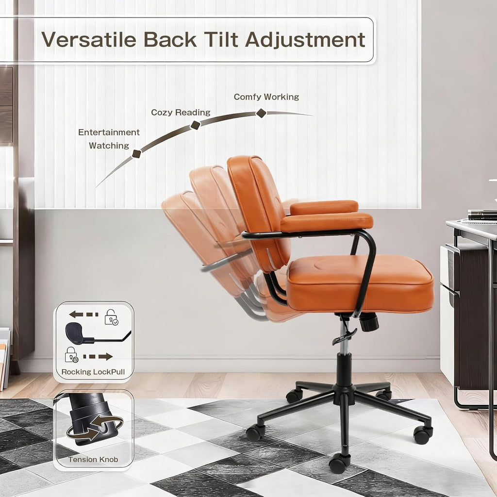 Home Office Chair, Ergonomic Desk Chair with Lumbar Support, Adjustable Height Rolling Swivel Task Chair with Armrests, PU Leather, for Meeting,Study Room （Brown）