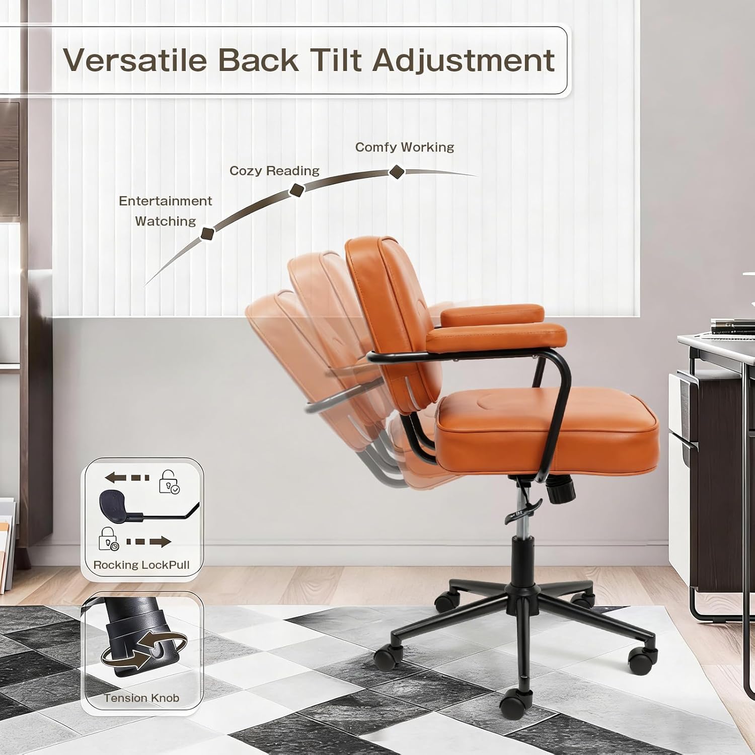 Home Office Chair, Ergonomic Desk Chair with Lumbar Support, Adjustable Height Rolling Swivel Task Chair with Armrests, PU Leather, for Meeting,Study Room （Brown）