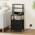 Furnulem Nightstand, Tall Night Stand & Bedside Table with Charging Station | RGB LED Light & USB Ports & type-C, 2 Fabric Drawers and 4-Tier Shelves Bedside End Table for Bedroom Dorm Storage, Black Oak