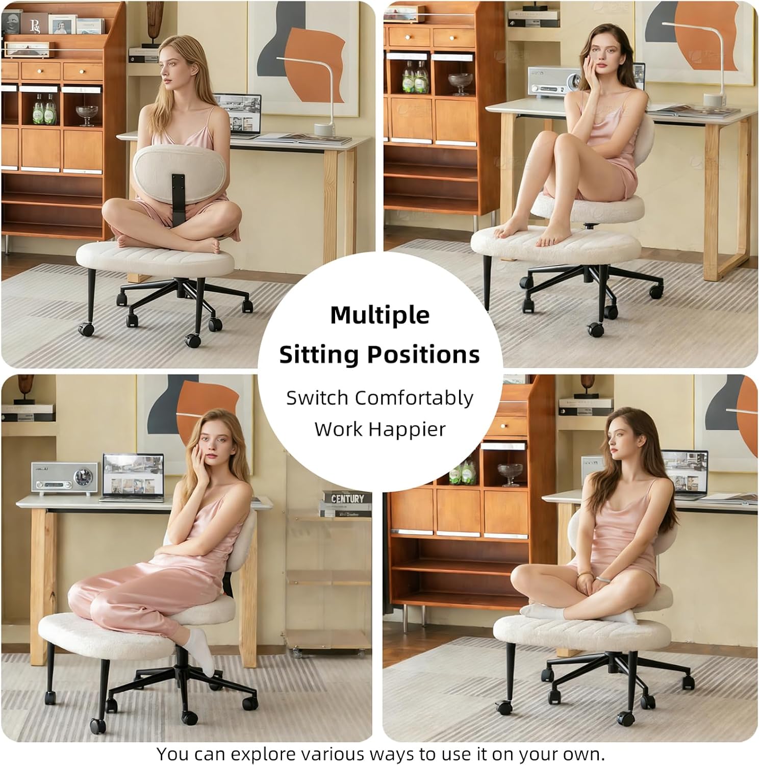 White Velvet Cross Legged Office Chair 360° Swivel Meditation Kneeling Chairs with Wheels, Height Adjustable Seat ADHD Chair, Ergonomic Wide Kneeling Chair with Back Support, Leg Rest