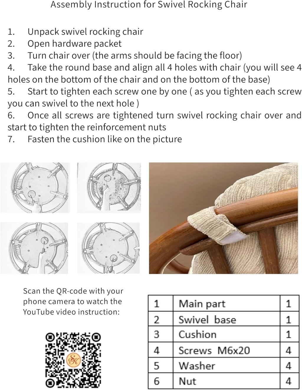 Java Lounge Swivel Rocking Chair with Dark Brown Cushion Natural Rattan Wicker Handmade, White Color