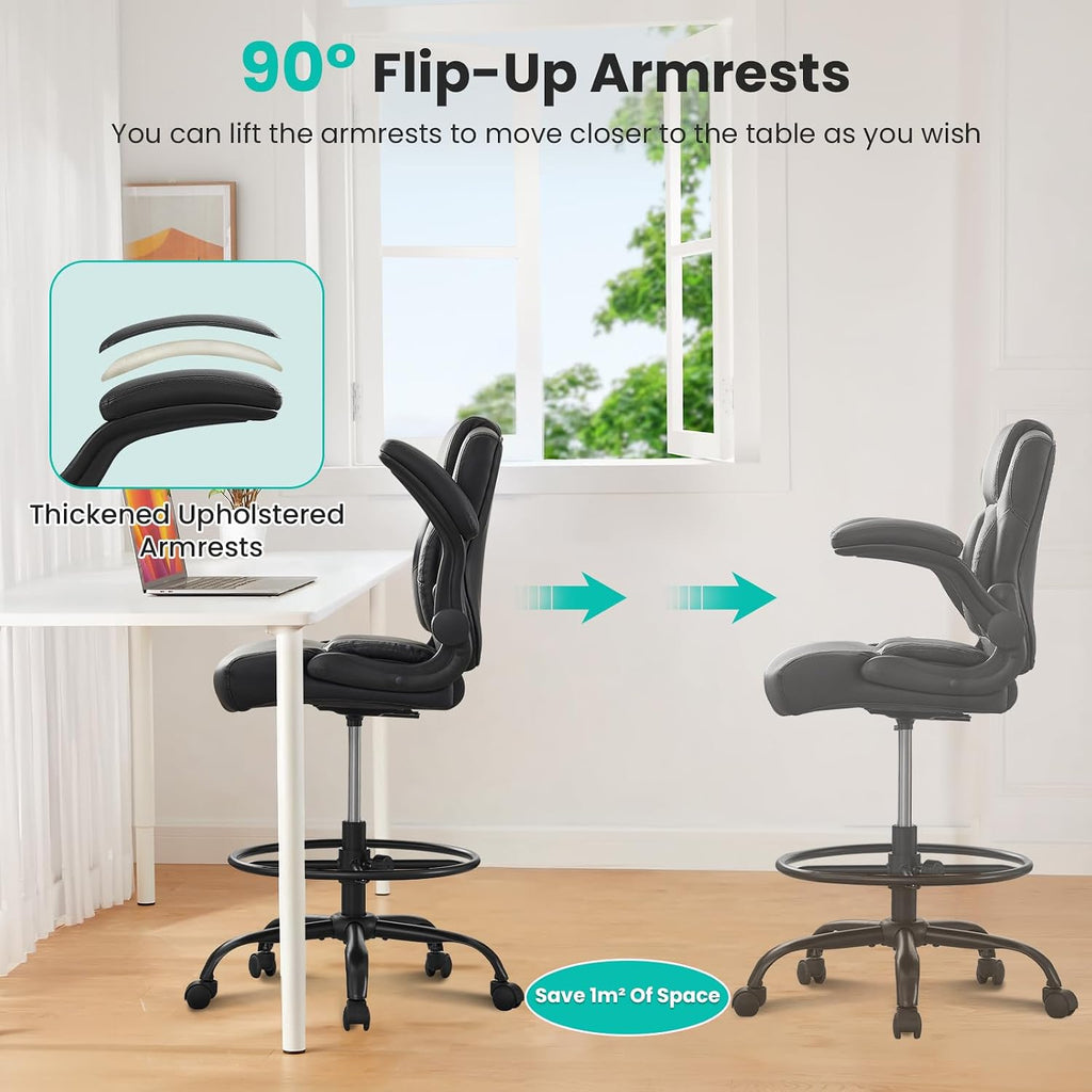 Drafting Chair, Tall Office Chair for Standing Desk, 500Lbs PU Leather Ergonomic Chair with 90 °Flip-up Armrests, Adjustable Foot Ring & Height, for Home, Drawing, or Counter Use(Black)