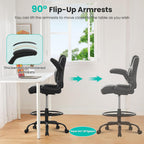 Drafting Chair, Tall Office Chair for Standing Desk, 500Lbs PU Leather Ergonomic Chair with 90 °Flip-up Armrests, Adjustable Foot Ring & Height, for Home, Drawing, or Counter Use(Black)