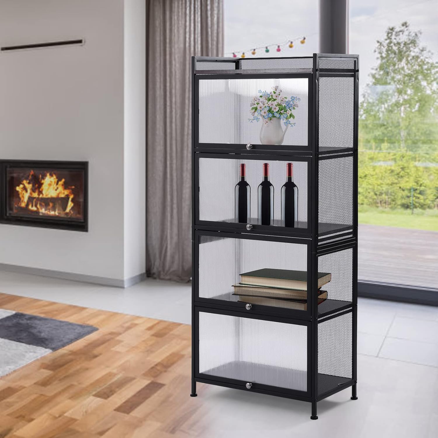 60x32x141.5cm Black Mesh Pantry Rack, 5-Tier Storage Cabinet with Flip-Up Doors, Rolling Wire Shelf Organizer for Kitchen Garage, Narrow Slim Cart on Wheels, Locking Casters, Adjustable Leveling Feet