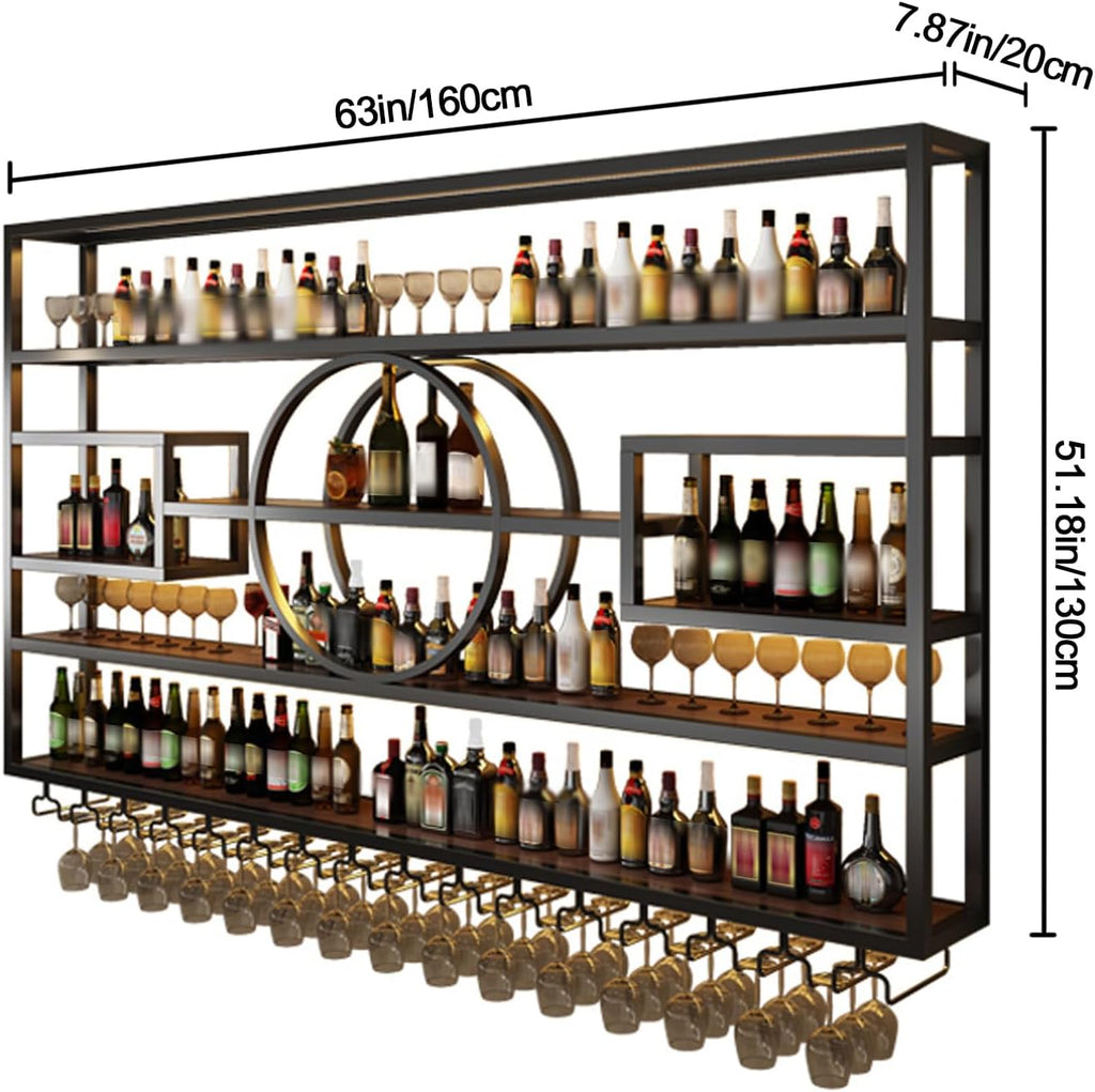 126in Wine Rack Wall Mounted, Large Capacity Hanging Wine Bottles Display Shelf with Glasses Holder, 4 Tier Industrial Bar Liquor Storage Shelves for Home Bar Kitchen,Living Room (Black, 126in)