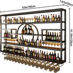 126in Wine Rack Wall Mounted, Large Capacity Hanging Wine Bottles Display Shelf with Glasses Holder, 4 Tier Industrial Bar Liquor Storage Shelves for Home Bar Kitchen,Living Room (Black, 126in)