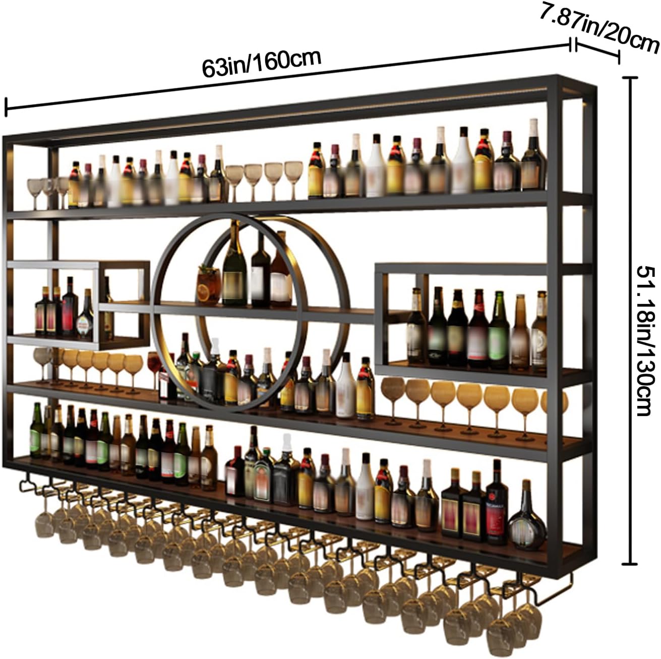 126in Wine Rack Wall Mounted, Large Capacity Hanging Wine Bottles Display Shelf with Glasses Holder, 4 Tier Industrial Bar Liquor Storage Shelves for Home Bar Kitchen,Living Room (Black, 126in)