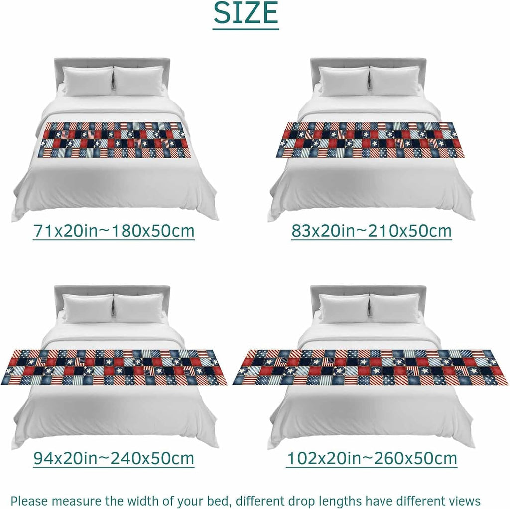 4th of July Bed Runner Stars Stripes Patchwork Bedding Scarves Soft Decorative Bed Flag Retro Checkered Grid Bed Runners for King Size Bed Home Hotel Bedroom Independence Day Decor 20x94 Inch