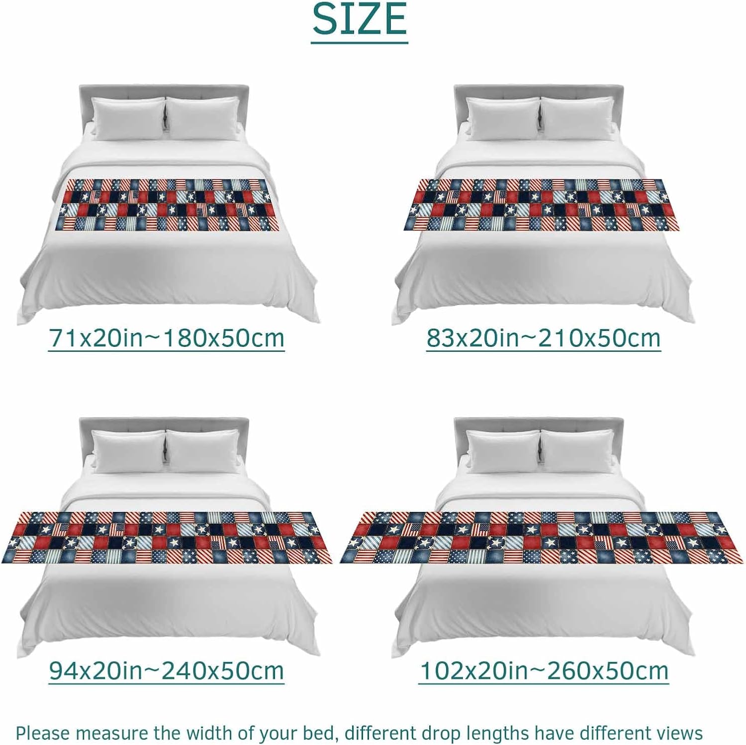 4th of July Bed Runner Stars Stripes Patchwork Bedding Scarves Soft Decorative Bed Flag Retro Checkered Grid Bed Runners for King Size Bed Home Hotel Bedroom Independence Day Decor 20x94 Inch
