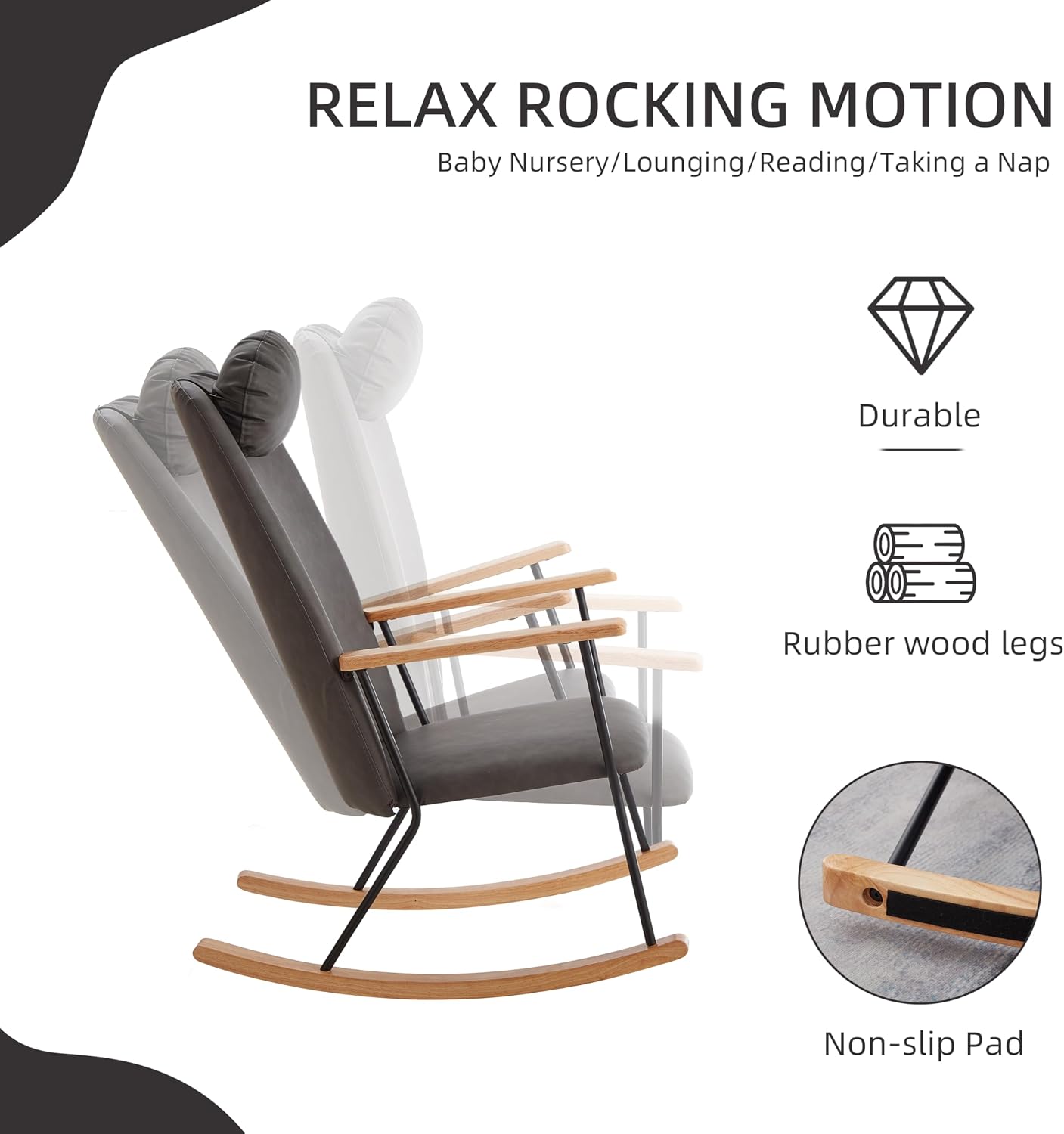Nursery Rocking Chair Indoor, Small Rocking Chairs for Small Spaces, Upholstered Rocker Chair with High Back& Headrest Pillow, Comfy Rocking Chair for Bedroom, Living Room, Patio& Porch (Dark Grey)