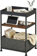 Industrial Narrow Side Table with Storage, 3 Tier End Table with Fabric Bin & Tray Top for Living Room, Narrow Nightstand Slim Bedside Table for Bedroom, Small Spaces, Rustic Brown