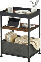 Industrial Narrow Side Table with Storage, 3 Tier End Table with Fabric Bin & Tray Top for Living Room, Narrow Nightstand Slim Bedside Table for Bedroom, Small Spaces, Rustic Brown
